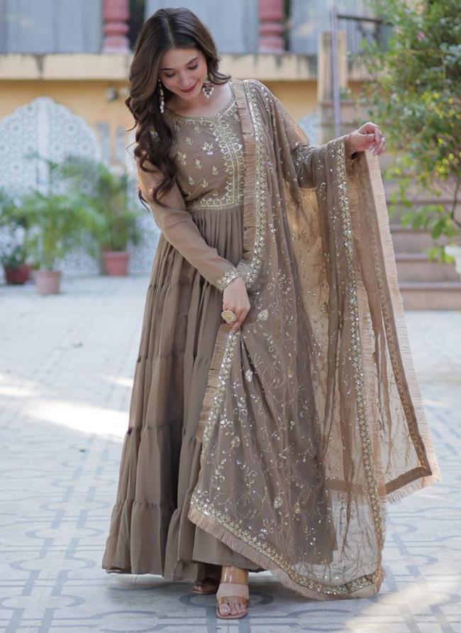 Georgette Brown Festival Wear Embroidery Work Readymade Gown With Dupatta